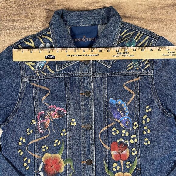ANUSCHKA‎ HAND PAINTED WOMEN'S LARGE BLUE JEAN FLORAL ART DENIM JACKET - Picture 3 of 9